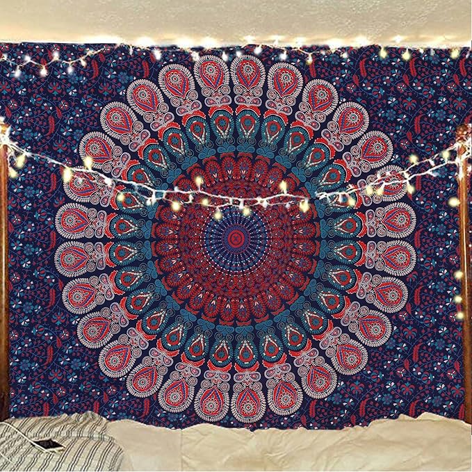 bless international handmade indian hippie bohemian psychedelic peacock mandala wall hanging college dorm beach throws table cloth bedding tapestry (midnight blue, medium(54x60inches)(137x152cms))