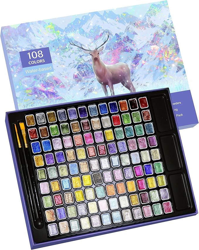 Mini Shimmer Watercolor Paint Set, 108 Colors Glitter Metallic Watercolour Painting Sets, Solid Pearl Water Color Paints for Artists, Amateur Hobbyists and Painting(108 Colours)