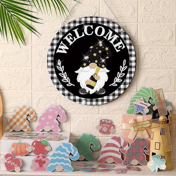 33 Pcs Magnetic Diamond Art Set Interchangeable DIY Gnome Diamond Painting Decor Detachable Welcome Sign Seasonal Door Hanger Gnome Party Decorations Gift for Home Wall Front Door(Cute)