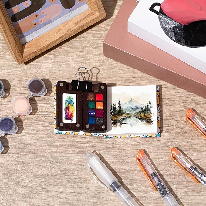 Qilery Mini Portable Watercolor Palette Set Wooden Grid Paint Box Watercolor Paper Sketch Book Brush Pens with Binder Clip for Painters Artist Not Include Paint(Sunflower)