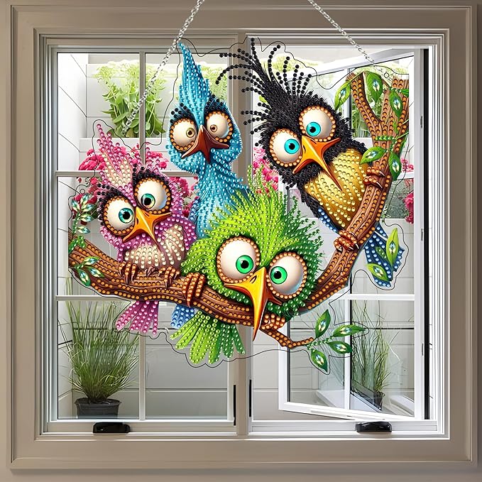5D Diamond Art Hanging Kit for Adult,Special Shaped Rhinestone,Double Sided DIY Acrylic Diamond Art Painting Window Pendants Home Garden Wall Hanging Kits Hanging Ornament (Four Birds)