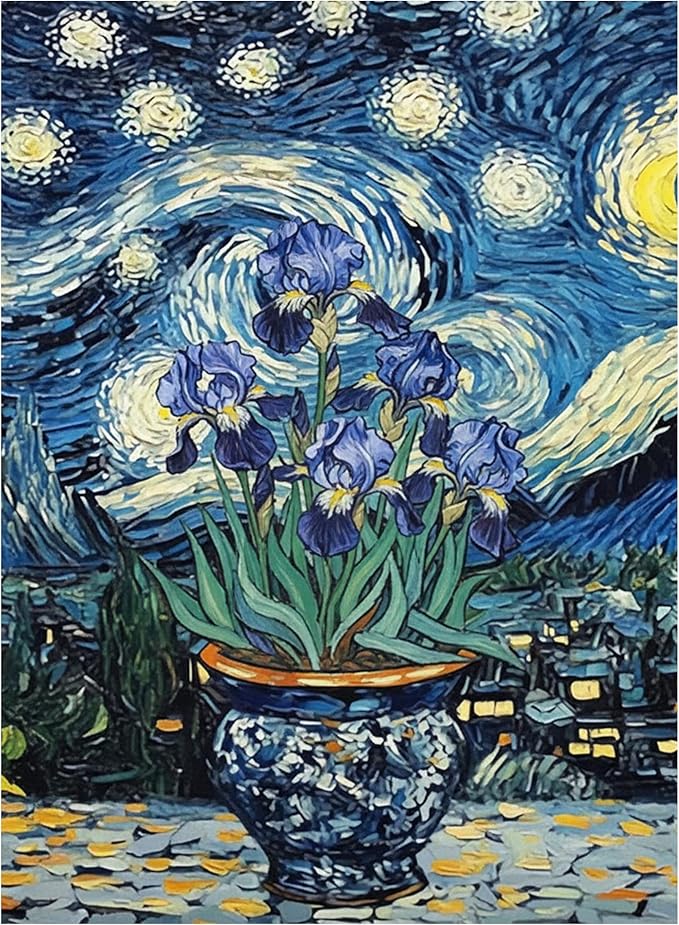 KUFWKEY Iris Flowers Diamond Art Kits for Adults,Starry Night Diamond Painting Kit,DIY Diamond Mosaic Art,Diamond Dots for Beginner,Gem Art and Craft for Home Wall Decor 12 x 16 Inch