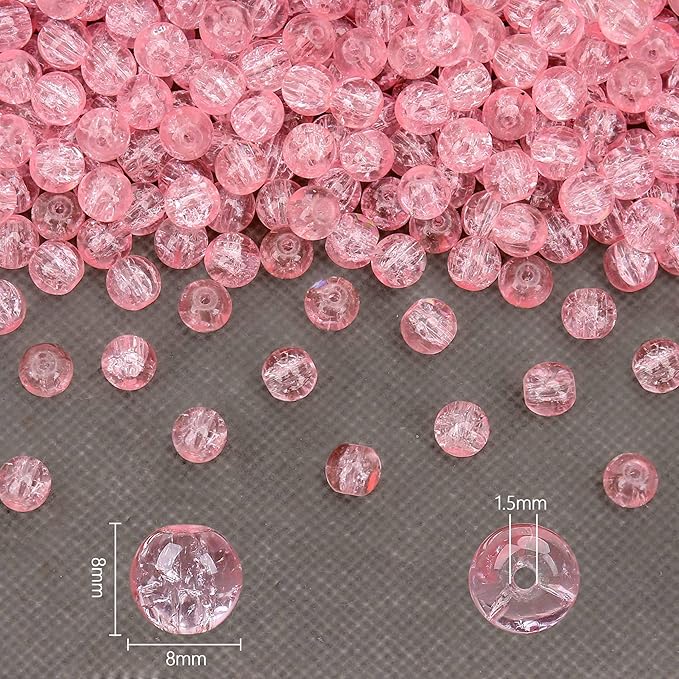 200PCs 8mm Pink Crackle Glass Beads Bulk, Round Smooth Hole Glass Crystal Beads for Jewelry Making, DIY Bracelets, Necklaces, Bag Charms, Keychains and Craft Projects