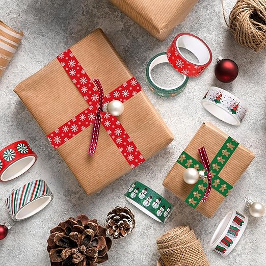 Whaline 12 Rolls Christmas Washi Tape Red Green Xmas Tree Snowman Santa Claus Gingerbread Man Candy Cane Pattern 15mm Decorative Masking Tape for Scrapbook Journal DIY Art Craft Gift Wrapping