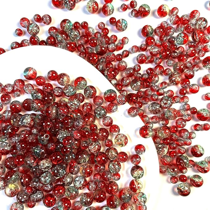 Glass Beads for Jewelry Making, 315Pcs Crackle Round 6/8/10mm Crystal Beads for Bracelet Craft Necklace Earring Making Wine Charms Wind Chimes, Red with Light Green Color