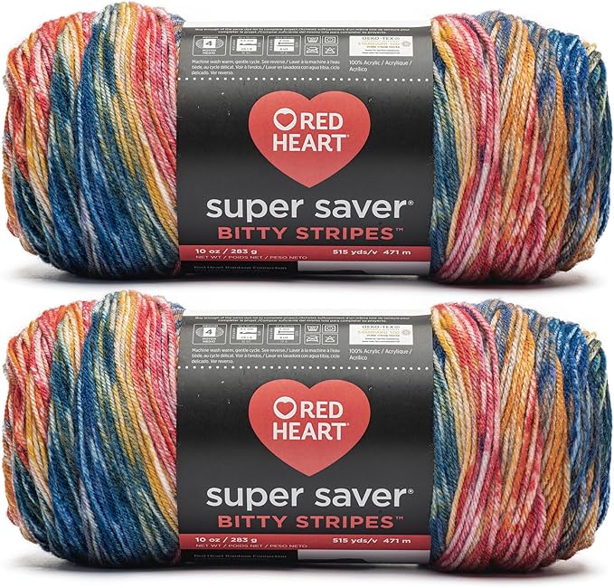 Red Heart Super Saver Bitty Stripes Sunset Beach Yarn - 2 Pack of 10oz/283g - 100% Acrylic - #4 Worsted (Medium) - 515 Yards - Knitting/Crochet