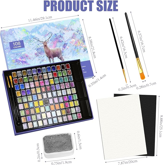 Mini Shimmer Watercolor Paint Set, 108 Colors Glitter Metallic Watercolour Painting Sets, Solid Pearl Water Color Paints for Artists, Amateur Hobbyists and Painting(108 Colours)
