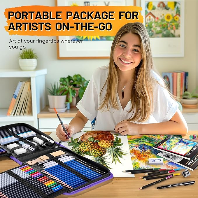 106 PCS Art Supplies Sketching Kit, Pro Drawing Pencils with 3-Color Sketchbook, Coloring Book, Colored Graphite Charcoal Watercolor & Metallic Pencils, Drawing Supplies Gifts for Artists Adults