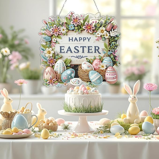 Diamond Art Hanging Kit for Adult,Special Shaped Rhinestone,DIY Acrylic Diamond Art Painting Window Pendants Home Garden Wall Hanging Kits Hanging Ornament,Double Sided. (Happy Easter-2)