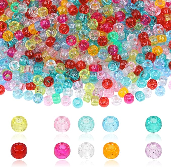 Glitter Pony Beads - 1000 Pcs Clear Plastic Beads for Friendship Bracelets - Assorted 10 Colors - 6x9mm