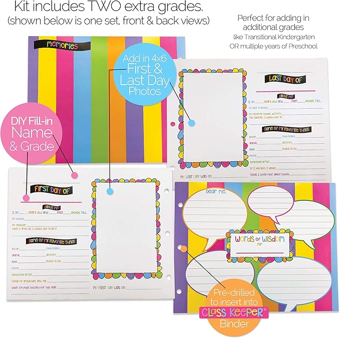 Denise Albright School Memory Scrapbook Refill Extra Pages Kits (Two Grades) for First & Last Day of School for Class Keeper® Memory Keepsake Book for Girls