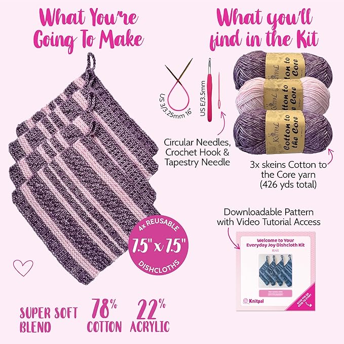 KnitPal Everyday Joy Knitting Kit – Make 4 Reusable Dishcloths for Confident Beginners – Cotton to The Core Yarn (#3 DK), Needles, Patterns & Video Tutorials (Plum Purple + Blush Pink)