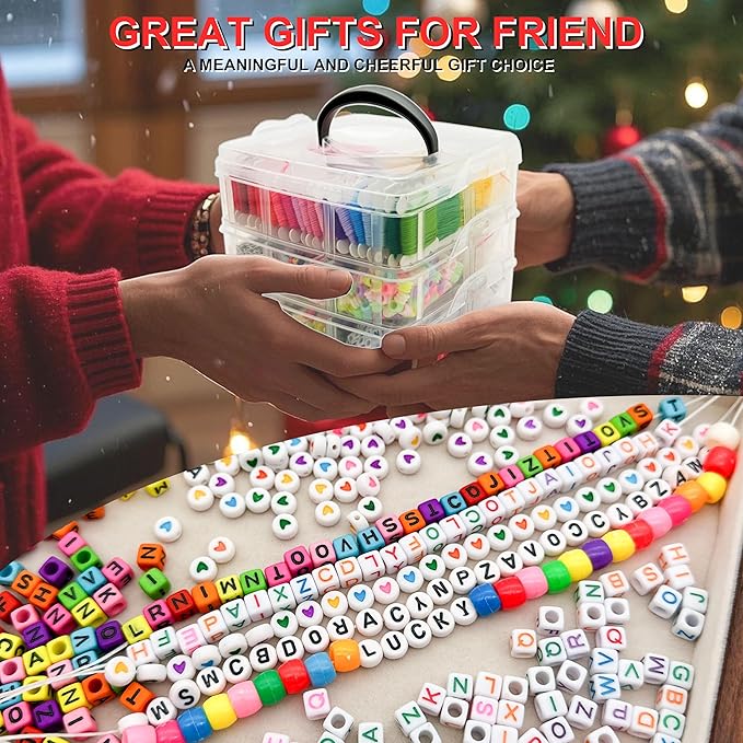 JINNBEY 4655 Pcs Jewelry Making Kits, DIY Bracelet Necklace Portable Three-Layer Spacer Box - Includes 24 Color Cotton Thread & Letter Bead & Tools, The Gift Set for Handicraft Enthusiasts