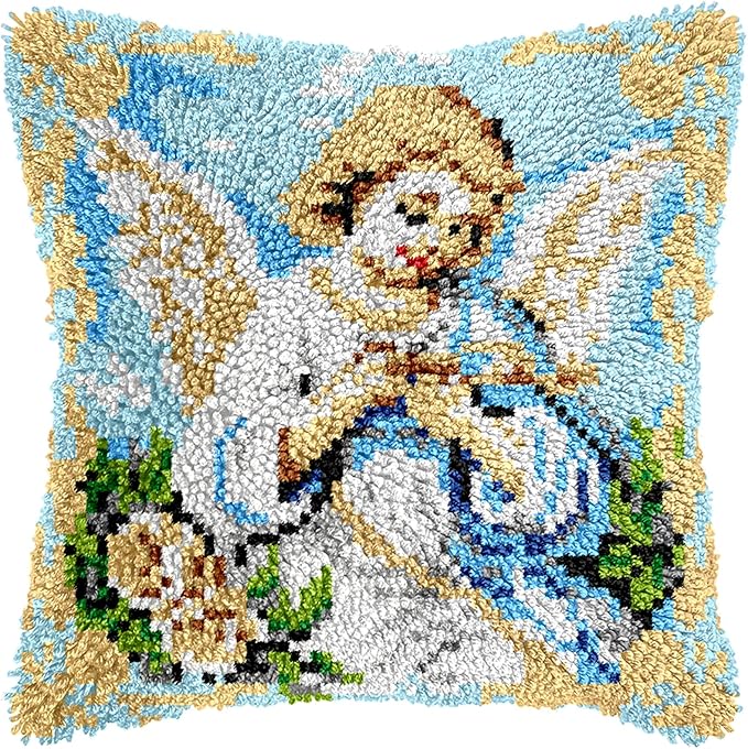 Manzapu Latch Hook Pillow Kits for Adults Beginner 17x17 inch - 43x43 cm Cute Small Shaggy Pillow Making Kits with Pre-Cut Yarn, Coded Canvas ＆ Crochet Hook Tool - Relaxing DIY Craft Gift