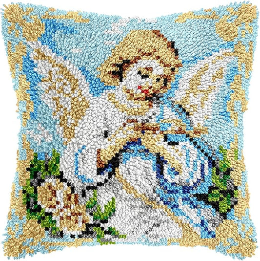 Manzapu Latch Hook Pillow Kits for Adults Beginner 17x17 inch - 43x43 cm Cute Small Shaggy Pillow Making Kits with Pre-Cut Yarn, Coded Canvas ＆ Crochet Hook Tool - Relaxing DIY Craft Gift