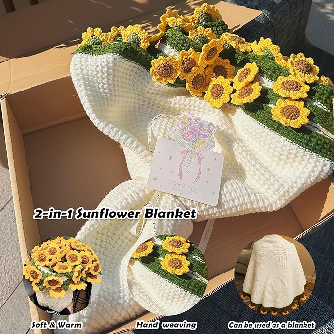 Yarniss Finished Crochet Sunflower Bouquet Blanket,49 Inch Round Sunflower Floral Knitted Gift,Hand Crocheting Blanket(52pcs Petals)