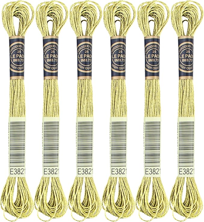 6 Skeins Embroidery Thread, Metallic Light Gold Embroidery Floss Friendship Bracelet String, Polyester Cross-Stitch Threads for Hand Embroidery, String Art