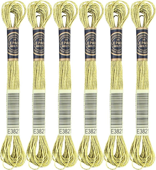 6 Skeins Embroidery Thread, Metallic Light Gold Embroidery Floss Friendship Bracelet String, Polyester Cross-Stitch Threads for Hand Embroidery, String Art