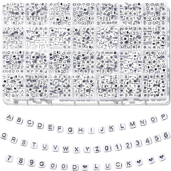 730pcs Square Letter Beads, 28 Styles Friendship Bracelet Kit, 6x6 mm Acrylic Alphabet Beads for Bracelet and Jewelry Making(White and Black)