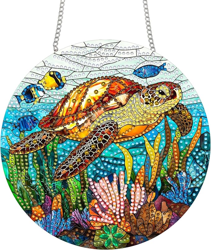 Bimkole Sea Turtle Diamond Art Hanging Kit for Adult, DIY 5D Diamond Art Animal Window Pendant, Acrylic Crystal Art Hanging Ornament Home Wall Garden Front Door Sign Outdoor Decor 7.8x7.8 Inch