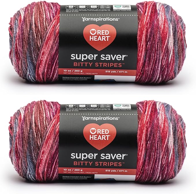 Red Heart Super Saver Bitty Stripes Love Bug Yarn - 2 Pack of 283g/10oz - 100% Acrylic - #4 Worsted (Medium) - 515 Yards - Knitting/Crochet