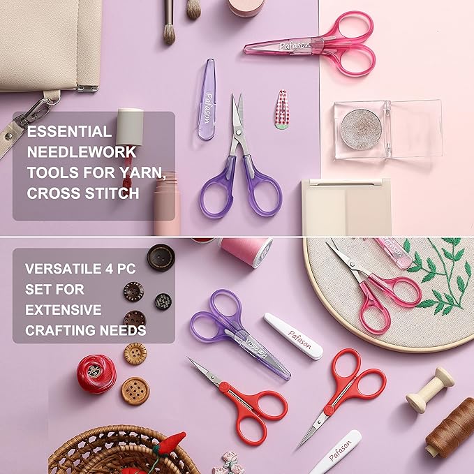 PAFASON Small Craft Scissor Set Straight Precision Fine Tip All Purpose for Scrapbooking Quilting Sewing Knitting Embroidery Cross Stitch Crochet Thread Yarn Paper Fabric Detail Cutting, Safety Case