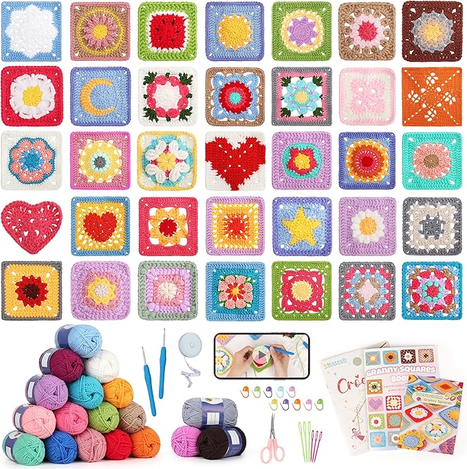 Katech Crochet Kit for Beginners, 50 Granny Squares Crochet Kits for Adults Beginner Learn to Crochets w/Step-by-Step Video Tuturials, Knitting Kit w/1378yds Yarn Granny Square Card Deck- 80% Cotton