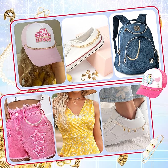 Meneng Cowgirl Hat Accessories Kit: 36PCS Western Trucket Hat Chains Bill Decoration for Women - Bling Metal Detachable Chains Bulk for Mesh Baseball Cap