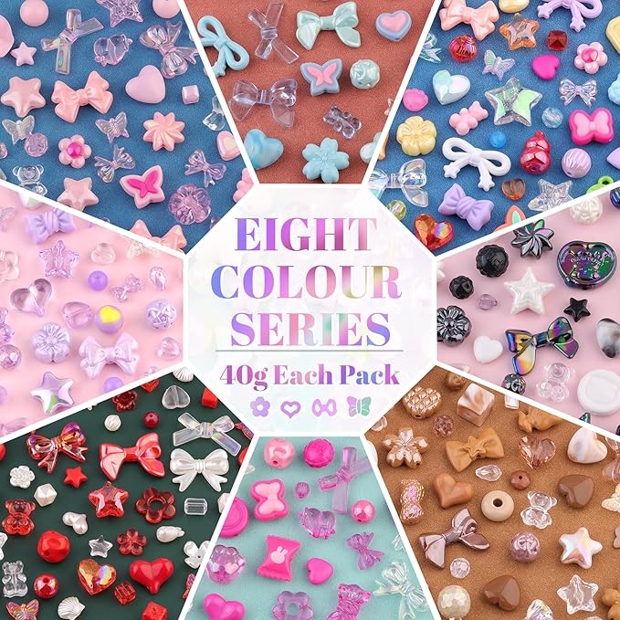 500-550PCS TINKRSTUFF Assorted Acrylic Beads, 8 Colors Mixed Cute Beads for Bracelet Making, Star Bow Flower GummyBear Kawaii Beads, Aesthetic Bead for Necklace Keychain Jewelry Making DIY Phone Charm