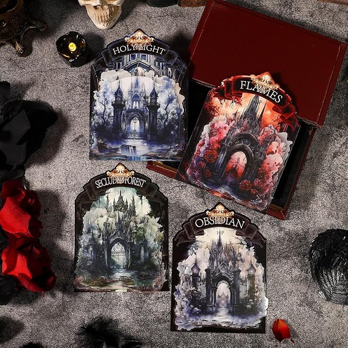 Doukado 40 Pieces Vintage Gothic Dark Landscape Creation Sticker Set, 4 Pack Aesthetic Gothic Gate Stickers for Scrapbooking, Journaling, Waterproof DIY Crafts and Junk Journal