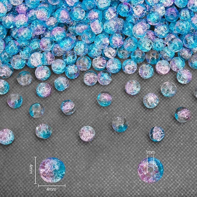 400PCs 4mm Blue Pink Crackle Glass Beads Bulk, Round Smooth Hole Glass Crystal Beads for Jewelry Making, DIY Bracelets, Necklaces, Bag Charms, Keychains and Craft Projects
