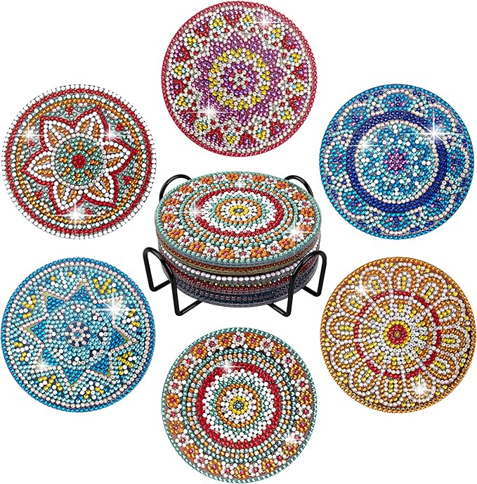 Temlum 6 Pcs Diamond Painting Coasters with Holder, Mandala Diamond Art Coasters Kits for Beginners, Adults Small Diamond Painting Kit Art Craft Supplies