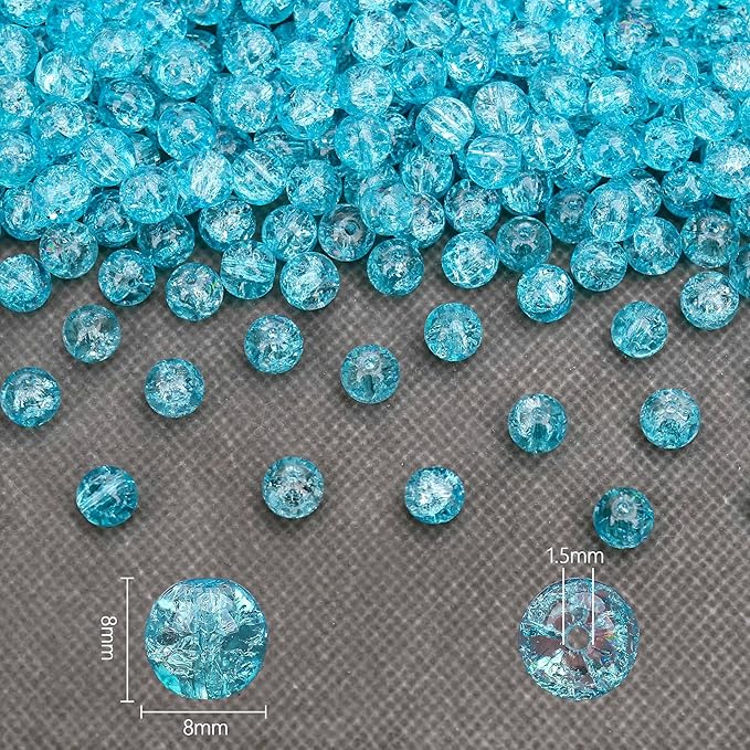 200PCs 8mm Blue Crackle Glass Beads Bulk, Round Smooth Hole Glass Crystal Beads for Jewelry Making, DIY Bracelets, Necklaces, Bag Charms, Keychains and Craft Projects