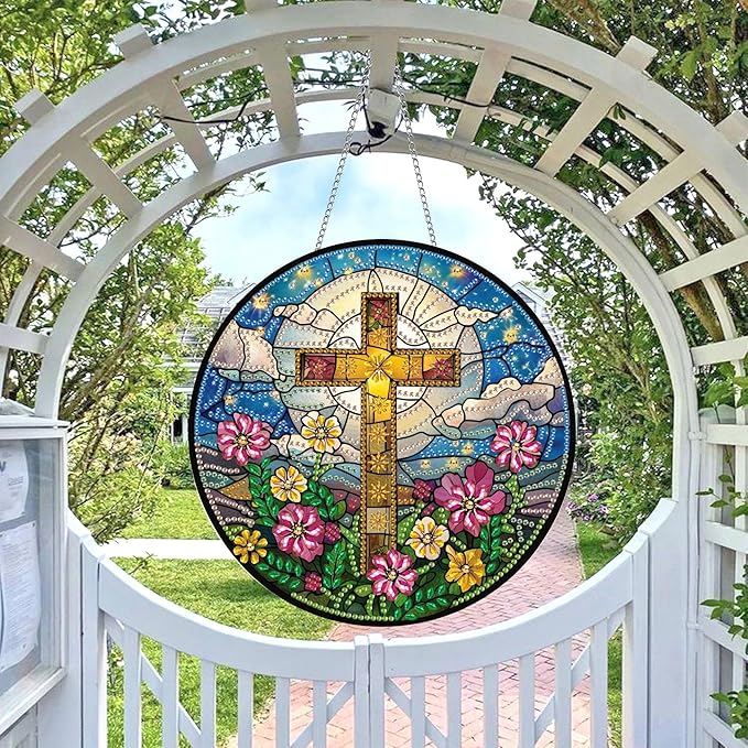Wergund 5D DIY Cross Religion Diamond Art Hanging Kits, Hanging Diamond Art Flower, Acrylic Special Shaped Rhinestone, Window Hanging Pendants for Home Wall Garden Front Door Outdoor Decor Gift