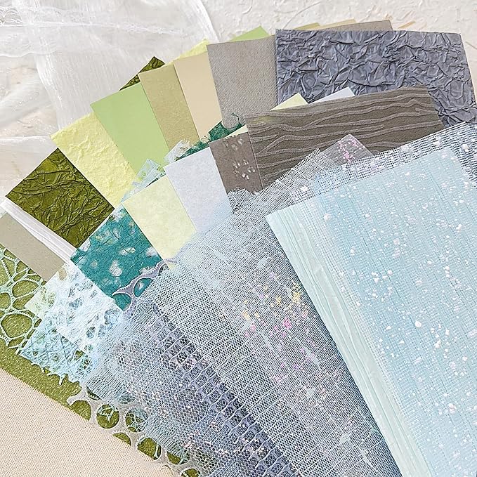 30Pcs Handmade Textured Scrapbook Paper&Mesh Fabric set - Unique A5 sheet Craft Mulberry Special Rice Paper Mix for Scrapbooking Junk Journaling Supplies Card Collage DIY Materials, 5.8x8.2 inches