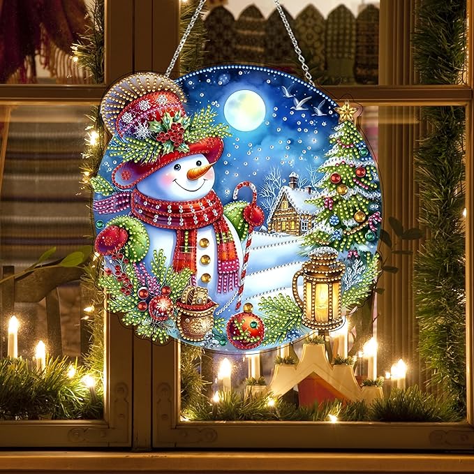 DIY Acrylic Diamond Art Painting Wreath Kits Special Shaped Rhinestone 5D Diamond Art Window Pendants Home Garden Wall Hanging Kits Hanging Ornament (Christmas Snowman-2)