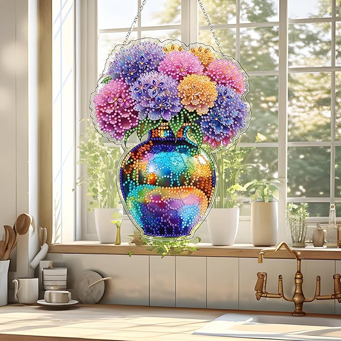 JJFox Diamond Art Hanging Kit for Adult,Special Shaped Rhinestone,DIY Acrylic Diamond Art Painting Window Pendants Home Garden Wall Hanging Kits Hanging Ornament,Double Sided (Vase)