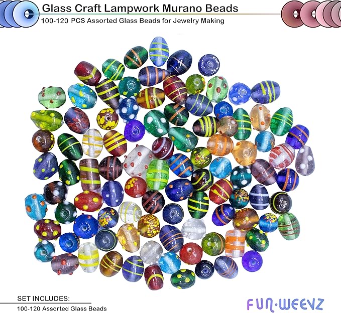 Fun-Weevz Assorted Glass Beads for Jewelry Making Adults, Bulk Glass Beads for Crafts, Lampwork Murano Bead Mix for Bracelets and Necklaces, Crafting Beads Supplies Kit, Large & Small Beads
