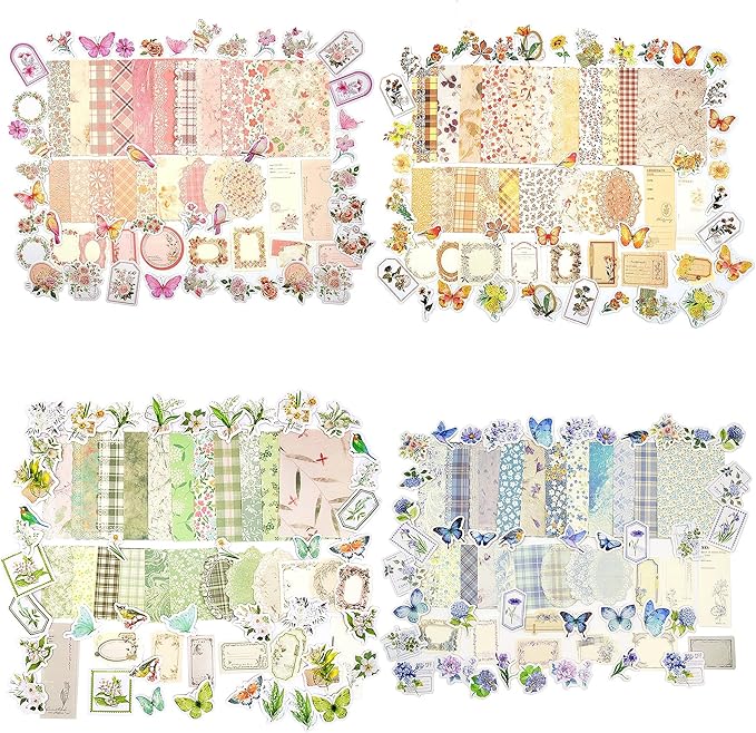 okupan vintage floral scrapbook paper & journaling stickers (400pcs) assorted set - 4 pack junk journal supplies for bullet journaling, retro crafts, planner, mixed media, collage card album