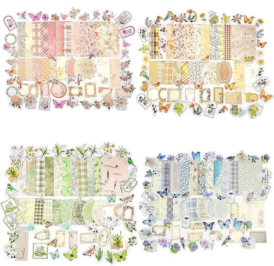 okupan vintage floral scrapbook paper & journaling stickers (400pcs) assorted set - 4 pack junk journal supplies for bullet journaling, retro crafts, planner, mixed media, collage card album