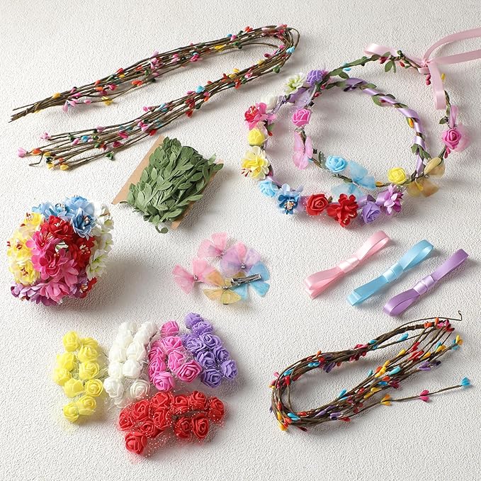 DIY Flower Crowns Making Kit, 145 Pcs Butterfly Rose Floral Headband Craft Kit, Handmade Creativity Fairy Flower Hair Accessories Set for Women Birthday Party Make Your Own Arts Creative Gifts