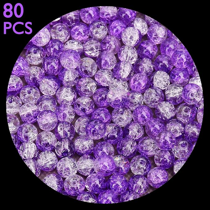 80PCs 10mm Purple Crackle Glass Beads Bulk, Round Smooth Hole Glass Crystal Beads for Jewelry Making, DIY Bracelets, Necklaces, Bag Charms, Keychains and Craft Projects
