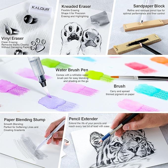 KALOUR 206 Drawing Set Sketching Kit,Art Supplies with 3-color Sketchbook & Coloring Paper,Include Tutorial, Colored, Graphite, Charcoal, Watercolor & Metallic Pencil,for Artists Adults Teens Beginner