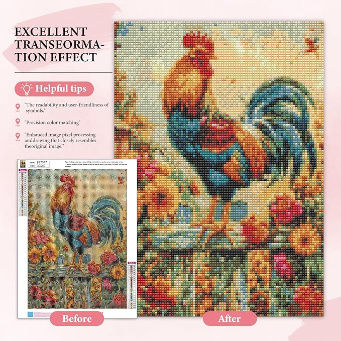 Yezavesu Chicken Diamond Art Kits for Adults, Chicken Diamond Painting Kit for Beginners, 5D DIY Round Full Drill Painting with Gem Art Craft Kits for Home Wall Decor 12x16 Inch