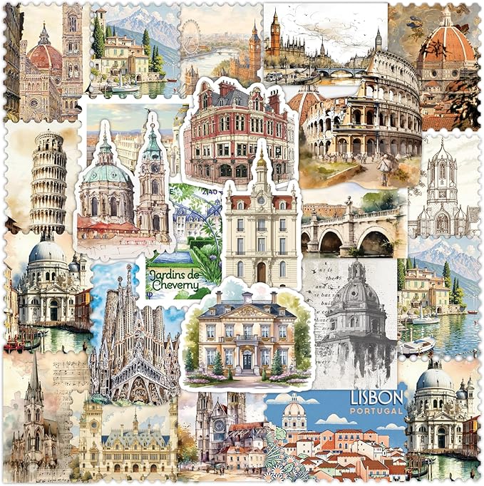 100Pcs World Travel Architecture Stickers - Thick Durable Vinyl for Suitcase, Laptop, Water Bottle, Journal | Unique Travel Souvenirs for Travelers, Women | Ideal Birthday/Christmas Gift