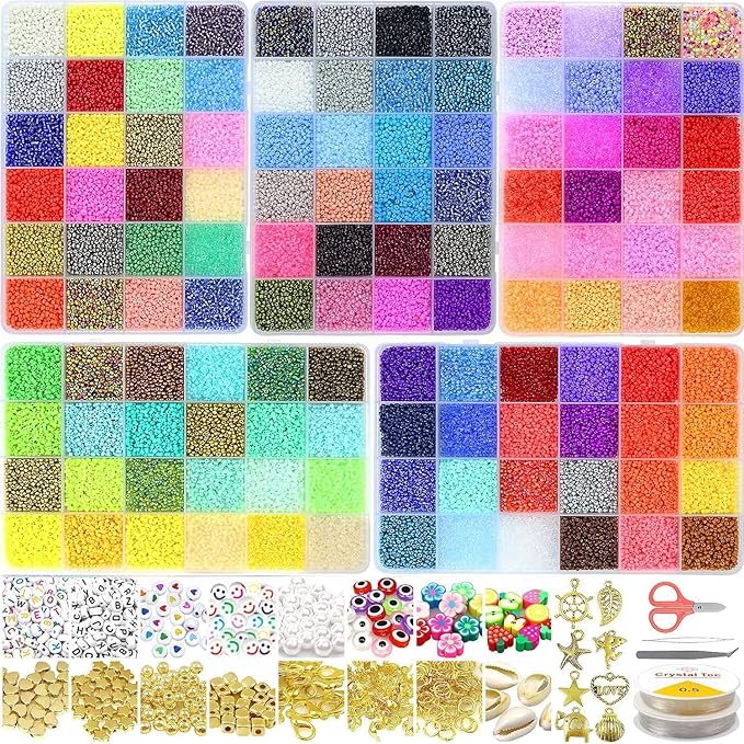 54000pcs Glass Seed Beads for Jewelry Making Kit, 120 Colors 2mm Small Beads Kit Bracelet Beads with Letter Evil Eye Beads Jump Rings & Charms Pendants for Bracelets Making, DIY, Adult Craft Supplies