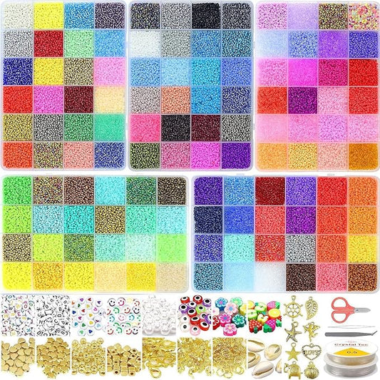 54000pcs Glass Seed Beads for Jewelry Making Kit, 120 Colors 2mm Small Beads Kit Bracelet Beads with Letter Evil Eye Beads Jump Rings & Charms Pendants for Bracelets Making, DIY, Adult Craft Supplies