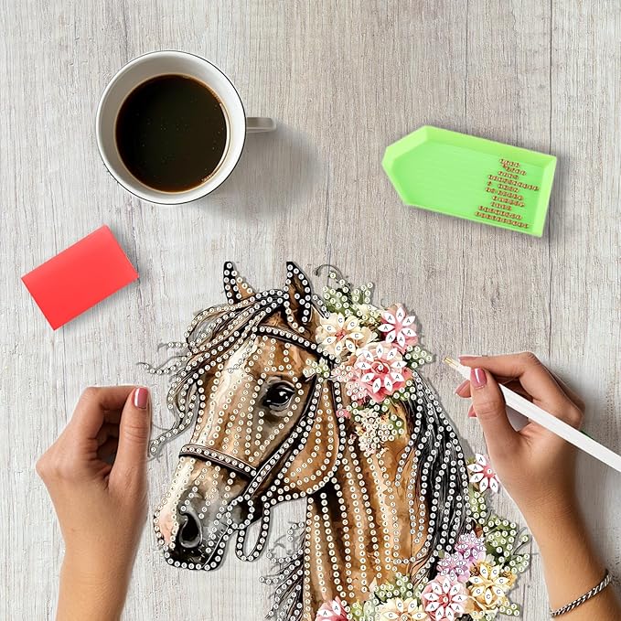 SENQAO Horse Hanging Diamond Art Painting Kits for Adults Beginners, 5D Special Shape Diamond Art Kits, Flower Crystal Rhinestones Diamond Gem Art Painting for Home Garden Wall Decor