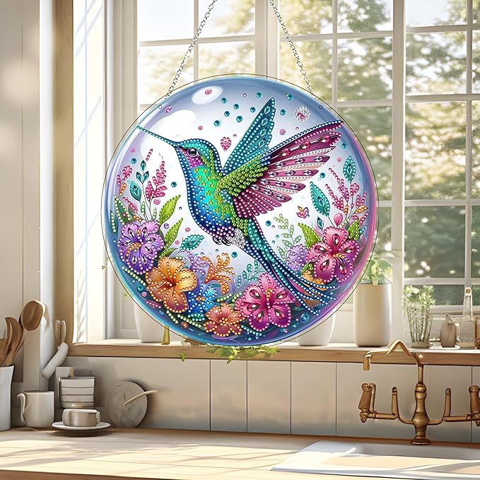 JJFox Diamond Art Hanging Kit for Adult,Special Shaped Rhinestone,DIY Acrylic 5D Diamond Art Painting Window Pendants Home Garden Wall Hanging Kits Hanging Ornament,Double Sided. (Hummingbird)