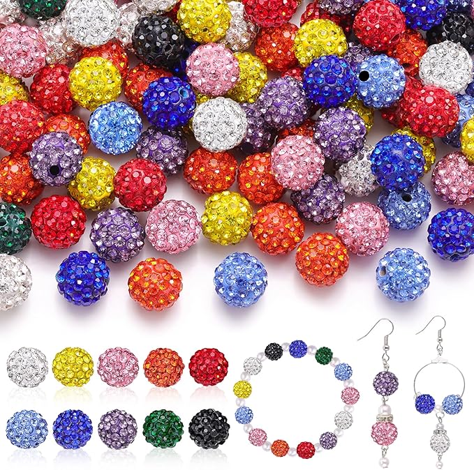 100 pcs 10 mixed colors rhinestone beads for jewelry making, sparkle crystal clay christmas for bracelet baseball necklace earring crafting and diy, shiny round shamballa disco ball beads